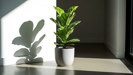 Potted plant on floor with sunlight casting shadow on wall interior design