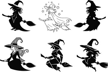 Obraz premium Silhouette Witch Flying on Broomstick
