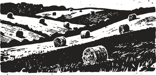 Obraz premium Rolling hay bales scattered across a rural farmland landscape with hills and fields