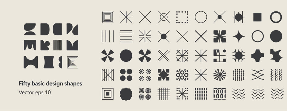 abstract square based icon collection, 50 vector icons for logos, business, and corporate identity, geometric symbols and elements for branding, technology, and modern design concepts.