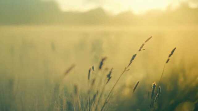 Wild grass field bathed in warm golden sunlight, soft morning mist creating a dreamy, tranquil landscape with dewy backlight and serene, peaceful atmosphere for nature and meadow themes
