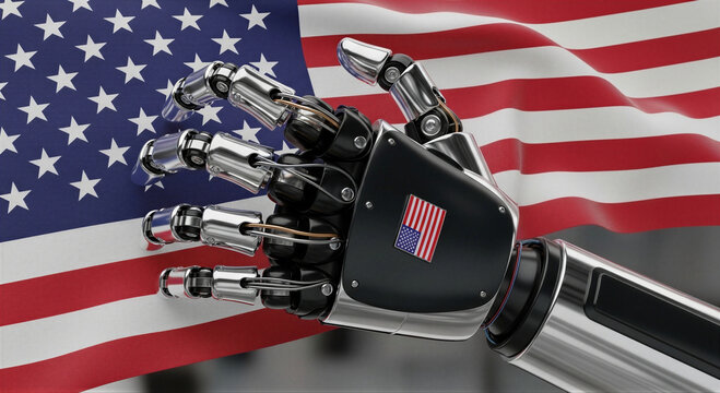 Robotic hand with american flag in background