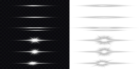 White glowing horizontal lines with soft sparkles and lens flare effects. Sparkling linear effects for modern designs. Set of white horizontal lines, beam light effect. On a transparent background. © Slava