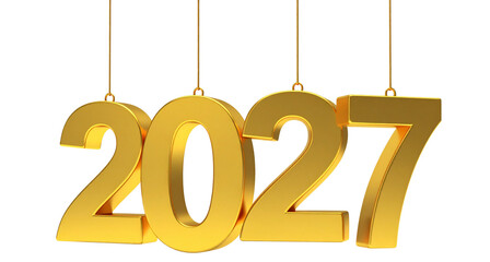 New Year 2027 Celebration with 3D Gold Hanging Numbers Transparent Background