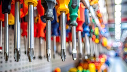 Macro of Various Manual Screwdrivers Hanging in Hardware Store