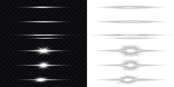 White glowing horizontal lines with soft sparkles and lens flare effects. Sparkling linear effects for modern designs. Set of white horizontal lines, beam light effect. On a transparent background.