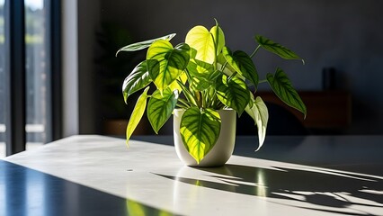 Green houseplant in white pot on table by window with natural light and shadows