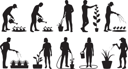 Obraz premium People Gardening and Caring for Plants Silhouettes watering vegetables