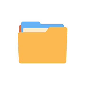 Yellow file folder with documents tab, colorful vector flat style illustration