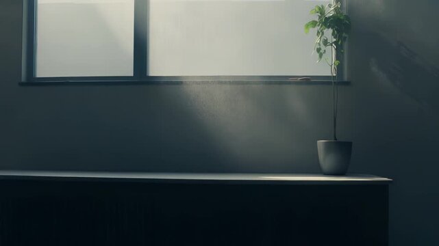 Sunlight beams entering a room through a window, illuminating countless tiny dust particles floating in the air, creating a soft, ethereal atmosphere around a small windowsill plant