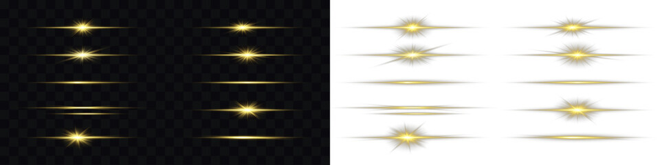 Gold line light glow with sparkle and flare shine. Glowing horizontal gold light line with radiant shine. Use this transparent PNG Overlay to enrich your glowing abstract or futuristic compositions. © Slava