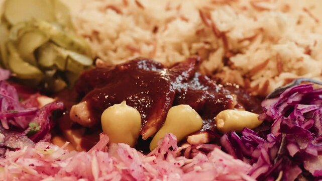 Gyros Plate with Rice and Salad isolated on white Background, turkish traditional rice with vegetables.