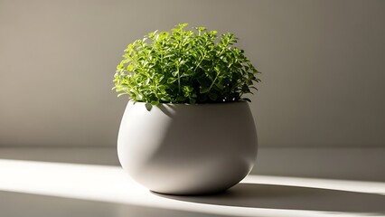 A small green plant in a white pot on a table with sunlight shining through