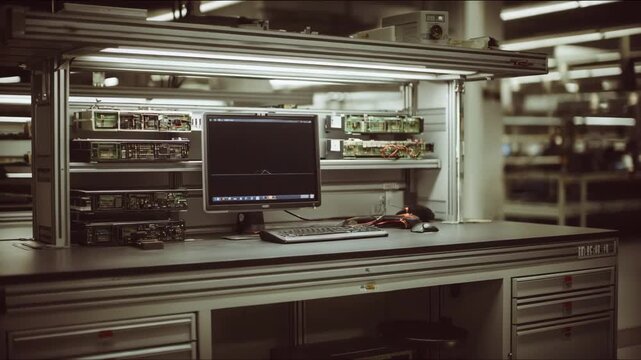 Workstation with locked tool drawers and a focused diagnostic device on the bench surrounded by blurred electronic components.