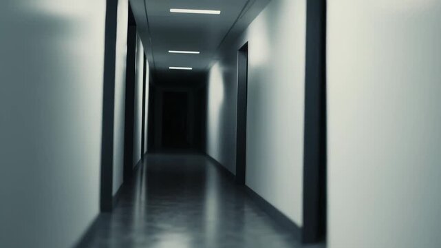 Empty eerie corridor stretching into the distance with sterile uniform lighting, deep perspective and shadows evoking isolation, uncertainty, fear and an unknown path ahead