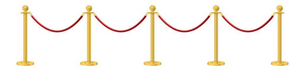 Retractable belt rack. Portable tape barrier. Red carpet with red ropes on golden stanchions. Exclusive event, movie premiere, gala, ceremony, awards concept. Vector