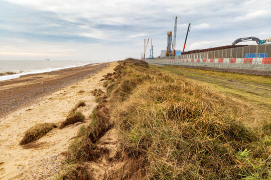 Coastal erosion on the beach close to the construction site of Sizewell C nuclear power station. Sizewell, Suffolk. UK