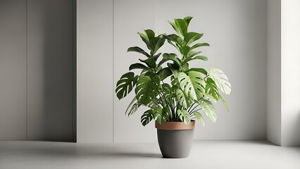 Potted monstera deliciosa page plant in modern minimalist interior with natural light