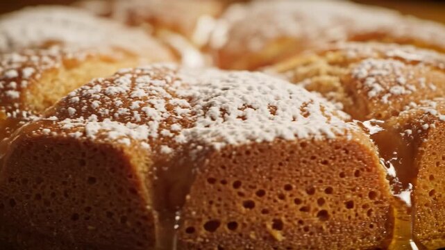 Seamlessly looping macro rotation video focusing on the moist, textured surface of a golden honey cake sprinkled lightly with powdered sugar website background, satisfaction, food styling