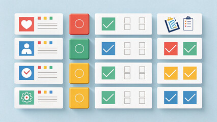 User interface elements and checklist icons, including heart, person, and gear, on a blue background with a clean design.