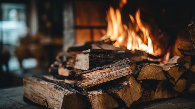 Cozy fireplace with stacked firewood and warm flames creating a relaxing atmosphere in a rustic indoor setting