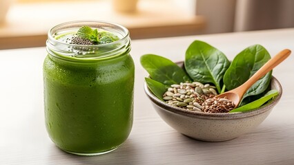 A refreshing green smoothie in a glass jar, garnished with mint and chia seeds, alongside a bowl of fresh spinach and mixed seeds.