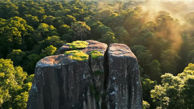 Sweeping aerial drone shot gliding over a moss-covered, isolated stone monolith hidden deep within a vibrant, dense, ancient forest canopy tranquility, canopy, jungle