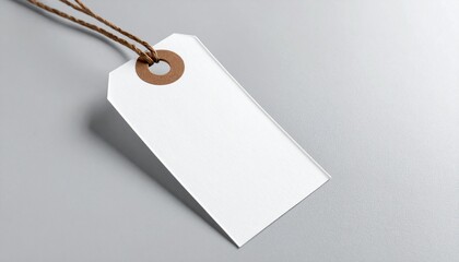 Minimalist blank white tag with brown reinforced hole, attached to a piece of brown twine, resting on light gray surface, offering a versatile design for labeling, pricing, gifting, branding purposes.