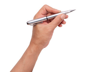 men hand holding a pen at the target - business targeting, aiming, focus concept. white background, isolate.   © noppadon
