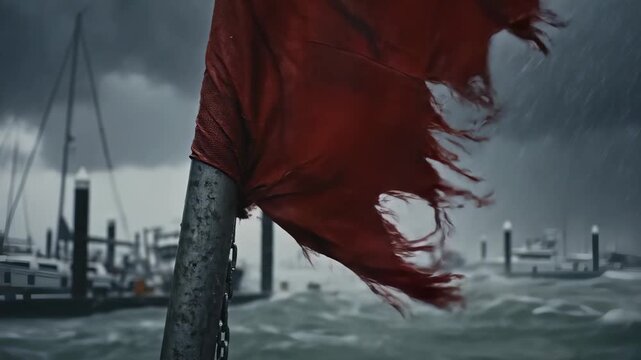 Amidst towering waves and dark clouds, a frayed red flag dances in the gusty winds at a bustling harbor. The atmosphere is charged with energy as nature unleashes its fury.
