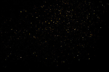 Fototapeta premium Golden flakes-glittering gold particles are scattered on the black surface. material for art design.