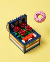 Fototapeta premium Colorful Lego Arrangement Featuring Red Roses and a Pink Donut on a Bright Yellow Background