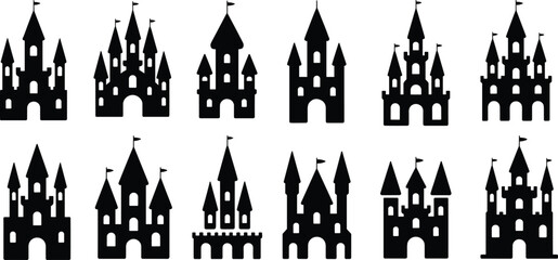 Fairy tale castle silhouettes collection, medieval fantasy towers and fortresses set, storybook kingdom architecture icons isolated on white background © Siddiqa Creatives 