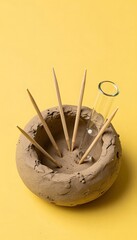 Unique Clay Holder with Wooden Toothpicks and Test Tube on Bright Yellow Background