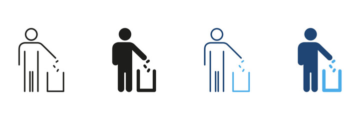 Person Throwing Trash In Bin Line And Solid Icon Set. Waste Disposal, Environmental Responsibility, And Cleanliness Outline And Silhouette Symbol Collection. Isolated Vector Illustration