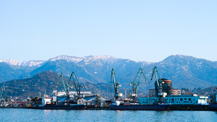 Industrial harbor with cranes and cargo ships against mountain backdrop