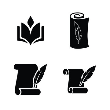 Scroll with a feather pen silhouette, symbolizing history, announcements, and old documents - vector