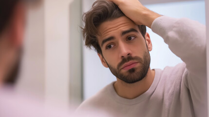 Obraz premium Young man styling hair, checking appearance in mirror, focusing on morning grooming and self care routine