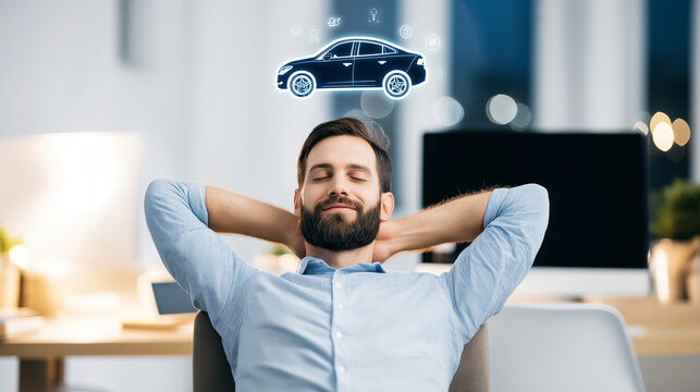 Man dreaming about buying new car with future plans and financial goals while relaxing in office