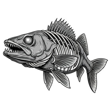 Walleye fish skeleton illustration with sharp teeth and vintage hand drawn style on white background