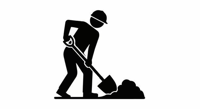 Construction worker digging with shovel icon silhouette.