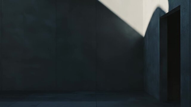 Minimalist concrete architecture with strong diagonal sunlight shining into an empty contemporary space, forming abstract patterns of light and dark, featuring an open doorway on the right