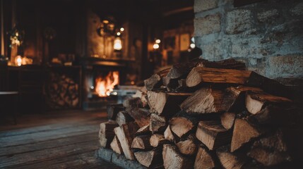 Cozy rustic cabin interior featuring a neatly stacked pile of firewood beside a warm glowing fireplace in a dimly lit setting