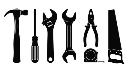 A collection of black tool silhouettes arranged in a horizontal line silhouette © MDSAJIB