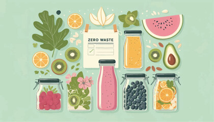 Assorted Fruits and Juices in Jars and Bottles.