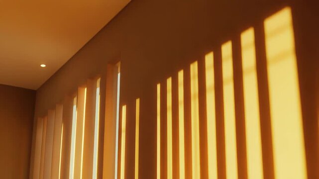 Sunlight streams through vertical window blinds, casting a repeating pattern of warm golden shadows and light stripes on an interior surface, evoking feelings of warmth and domestic comfort