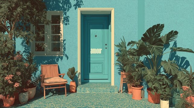 Entr&eacute;e turquoise avec porte bleue, plantes luxuriantes et chaise en rotin