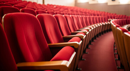 Obraz premium Empty red theatre seats in rows for audience seating