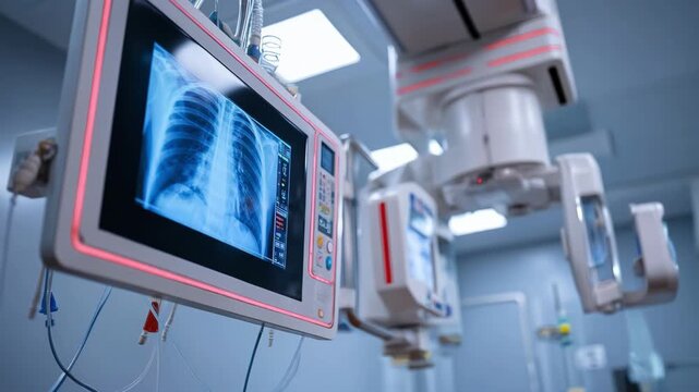 Medium shot of an outpatient xray room featuring a modern imaging machine in sharp focus with blurred background equipment and clinical details.