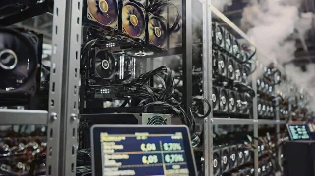 A complex and powerful cryptocurrency mining rig featuring multiple graphic cards and cooling fans.